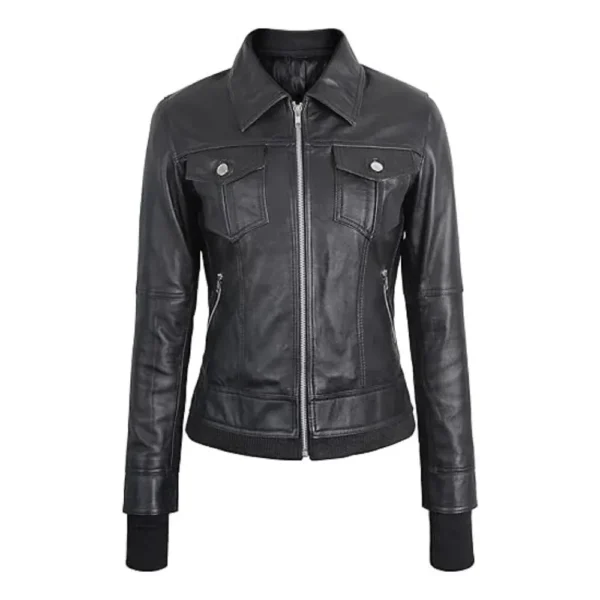 Women Black Leather Bomber Jacket