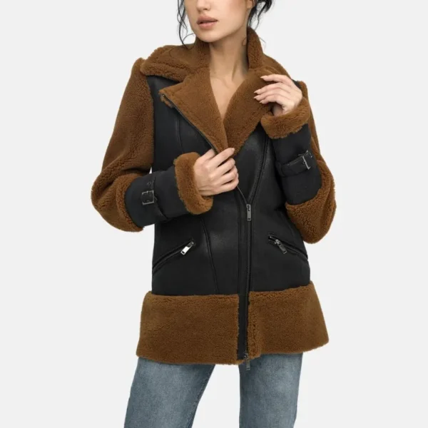 Brown Shearling Leather Bomber Jacket Women's