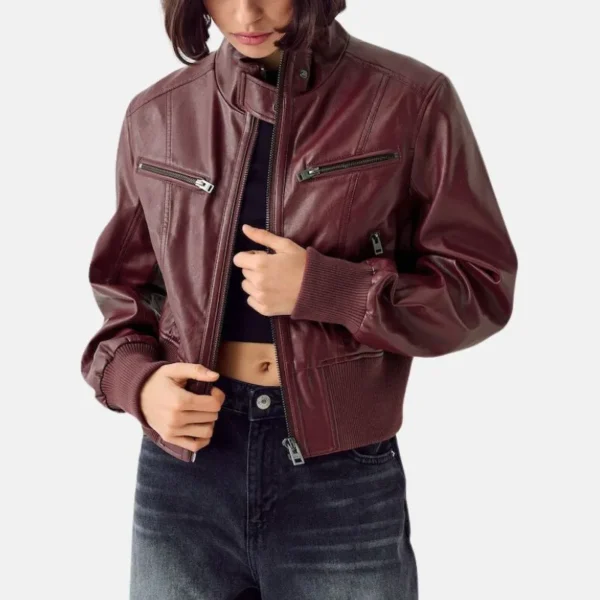 Deep Maroon Cafe Racer Leather Jacket womens